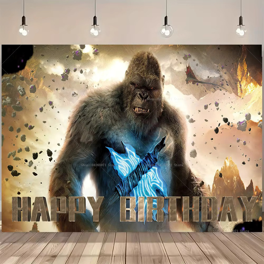 Monster Godzilla King Kong Happy Birthday Hintergrundbanner für Kinderpartys mit Tierkampf-Motiv, B/H: 150 x 100 cm, Mehrfarbig - Bild 4