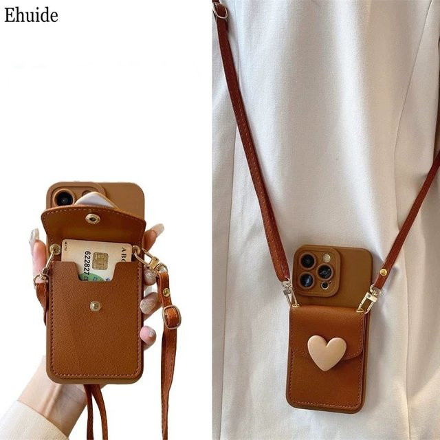 EHUIDE Love Wallet Lanyard-Hülle aus Leder für iPhone mit Umhängeriemen in Braun - Bild 1
