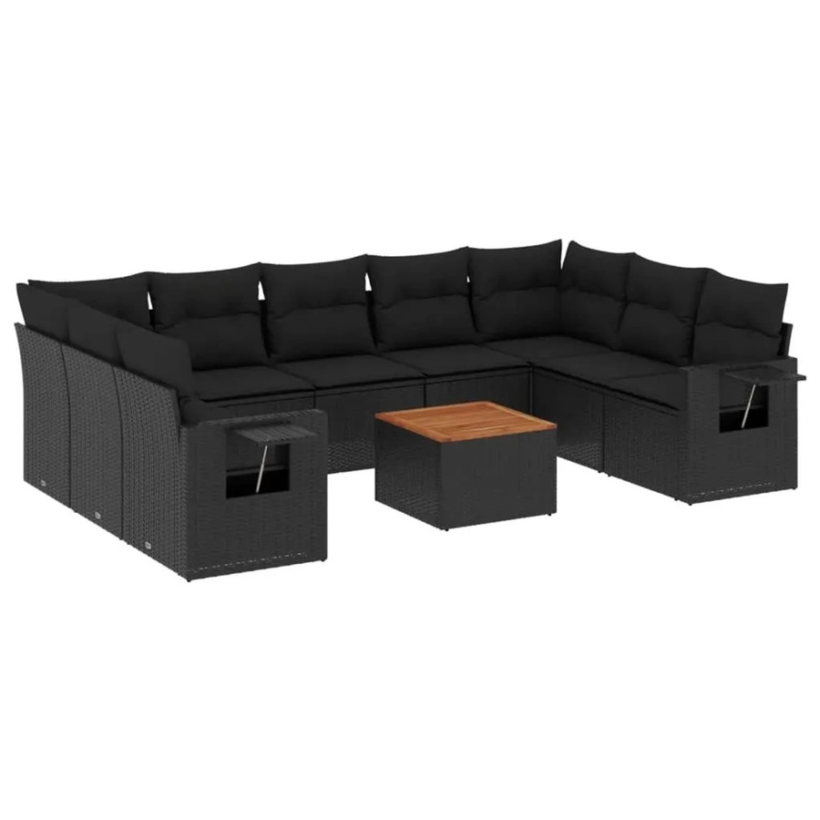vidaXL 10-tlg Garten-Sofagarnitur in L-Form aus Polyrattan und Akazienholz mit Kissen, Schwarz - Bild 2