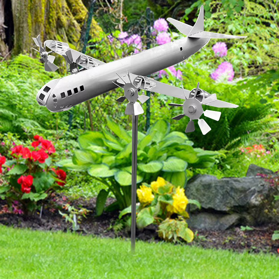 Eelhoe Metall-Flugzeug-Windmühle 3D Skulptur als Garten-Dekoration in Gold oder Silber - Bild 2