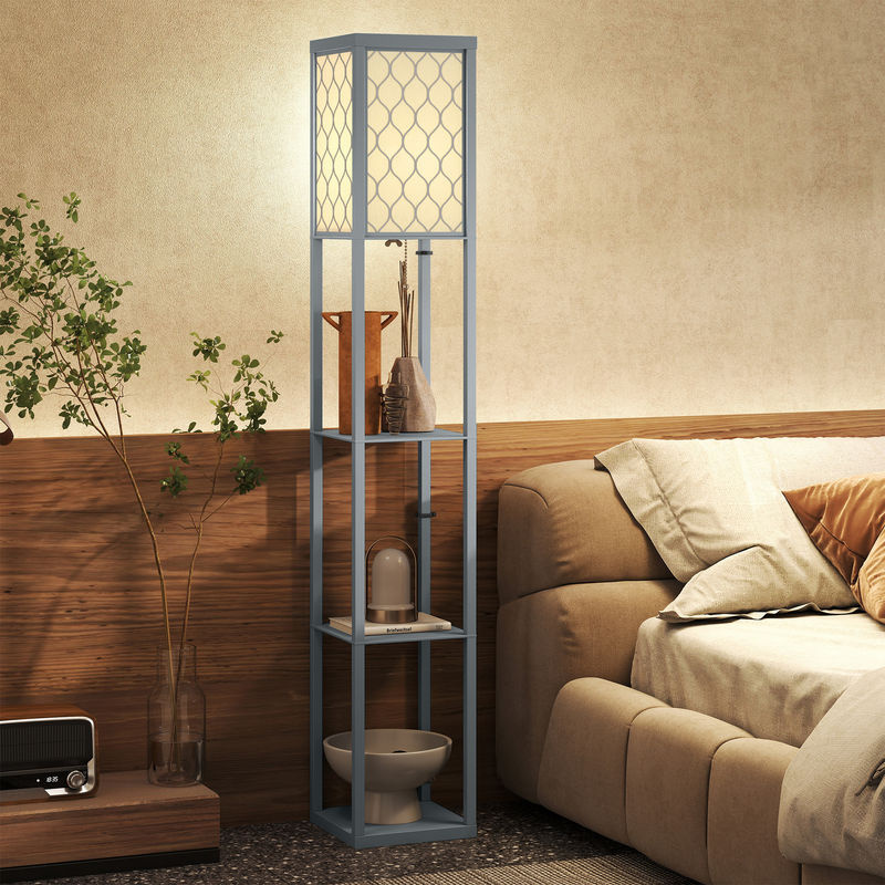 HOMCOM Stehlampe mit Regal und Textillampenschirm, dimmbare Stehleuchte für Wohnzimmer und Schlafzimmer, E27 Fassung, Schwarz/Grau/Weiß - Bild 2