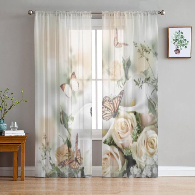 Super Six Transparentes Tüllvorhang mit gelben Rosen und weißen Calla-Lilien sowie Schmetterlingen, Voile-Organza-Dekorvorhang, Breite: 135 cm, Höhe: 114 cm - Bild 1
