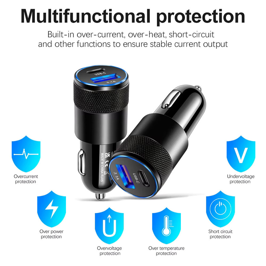Schnelles USB Auto Ladegerät mit USB-C Anschluss und 3,1 A für iPhone, Samsung, Xiaomi und Huawei in Schwarz - Bild 4