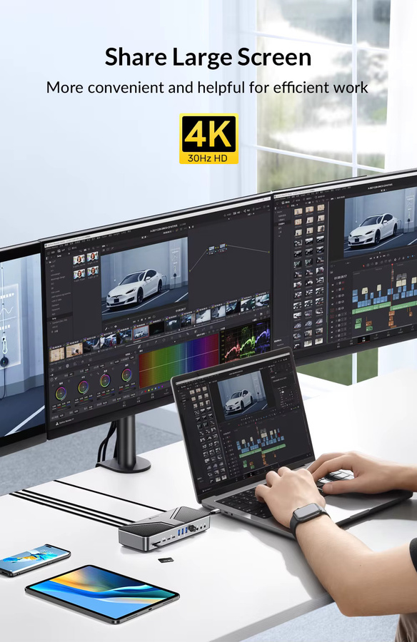 Yottamaster 22-in-1 USB-C Dockingstation mit Dual HDMI 4K 60 Hz, zwei DisplayPort 8K 30 Hz, PD 60 W und RJ45 in Grau - Bild 4