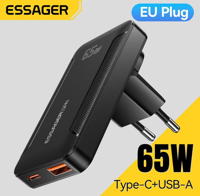 Essager GaN Pro Ultra Thin Reiseladegerät 65W mit Quick Charge 4.0 und PD3.0 Typ-C Ladegerät in Schwarz - Bild 1