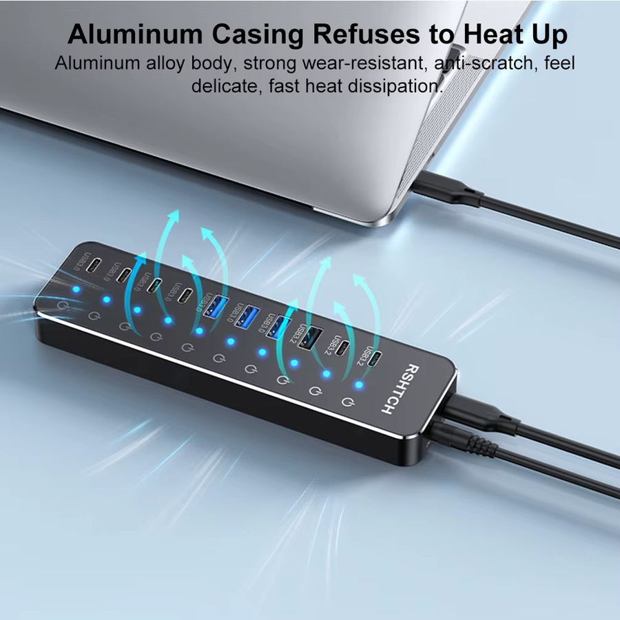 RSHTECH 10-in-1 USB-C Hub mit Touch-Schaltern, 10 Gbit/s Multiport-Dockingstation für MacBook, Laptop und PC, Grau - Bild 5