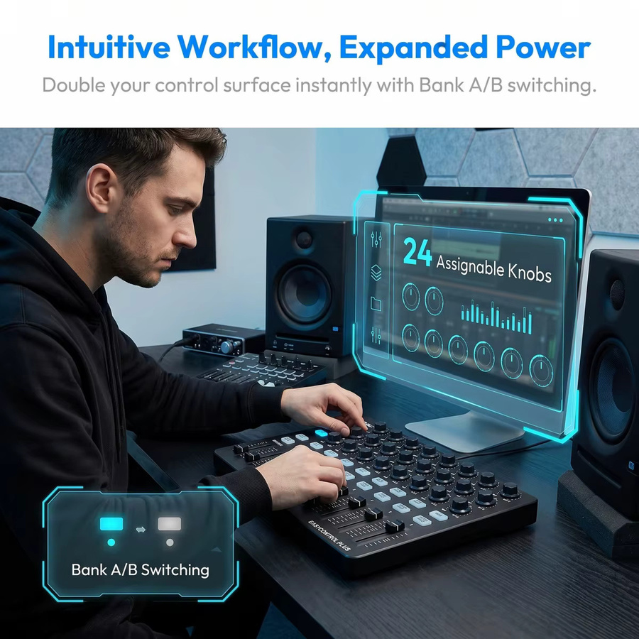 Worlde Easycontrol Plus MIDI-Controller in Schwarz mit 24 Drehreglern, 9 Fadern und 18 programmierbaren Tasten - Bild 3