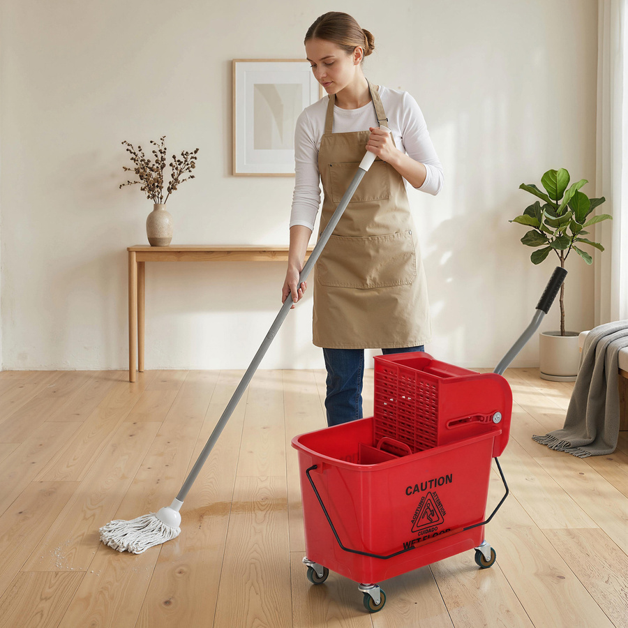 HOMCOM Wischeimer mit Rädern und Auswringersystem inklusive Mopp, 20 l, Rot, Aosom - Bild 2