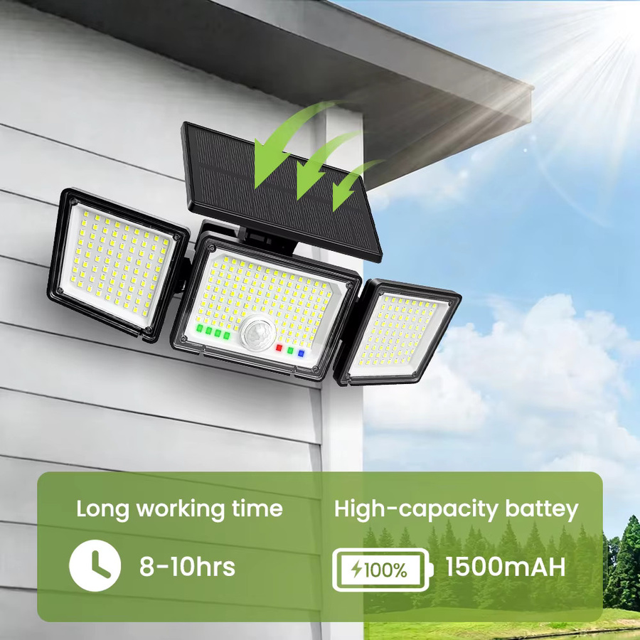 286 LED Solar-Bewegungssensor-Sicherheitsleuchte mit 3 Köpfen, Wasserdichter Solar-Flutlicht in Schwarz für Garten und Garage, Cool White - Bild 5