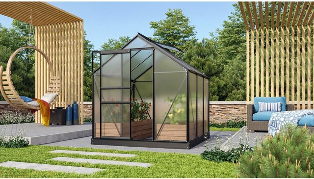Vitavia Gewächshaus Venus 3800 mit Fundament und Regenrinnen, Schwarz, 3,8 m², Aluminium und Polycarbonat, Satteldach, freistehend - Bild 1