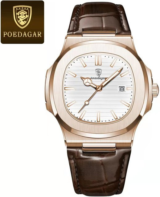 POEDAGAR Armbanduhr Edelstahl, Quarz, Eckig, Weiß, Herren - Bild 1
