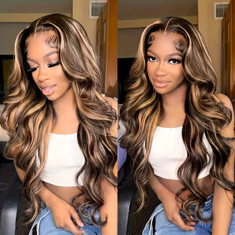 FIUMER Echthaar-Perücke, Braune Body Wave, HD Lace Frontal, P4/27 Ombre Braun, 86cm - Bild 2