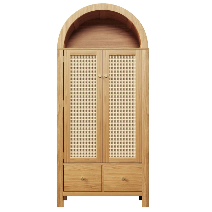 Merax Kleiderschrank mit Rattan-Elementen und integrierten Schubladen in Eiche Braun, H: 181 cm, B: 78 cm, T: 45 cm - Bild 2