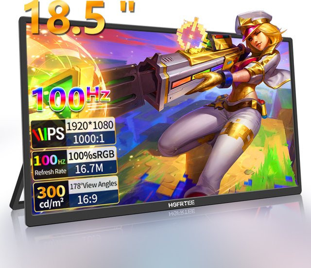 HGFRTEE Tragbarer Monitor 18,5 Zoll, FHD IPS Display, 100 Hz, Schwarz, Erweiterter Bildschirm für Laptop, PC, Mac und Xbox - Bild 1