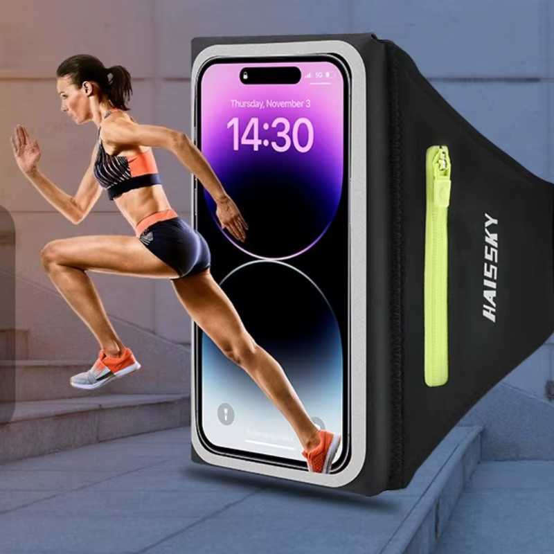 Haissky Lauf-Sportarmband mit Reißverschlusstasche und Touchscreen-Funktion für iPhone 17 16 15 14 13 Pro Max Air Plus, Farben: Grau und Schwarz - Bild 3