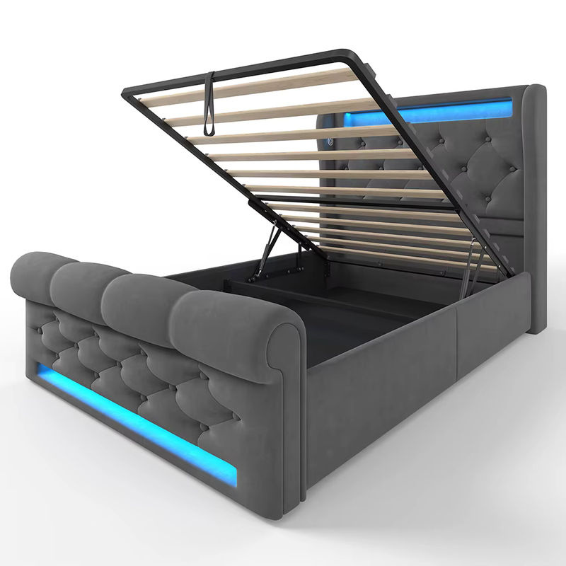 KOMHTOM Modernes Polsterbett Einzelbett in Grau mit LED-Leuchten, USB- und Typ-C-Anschlüssen und hydraulischem Stauraum, B/T/H: 90 x 200 cm - Bild 5