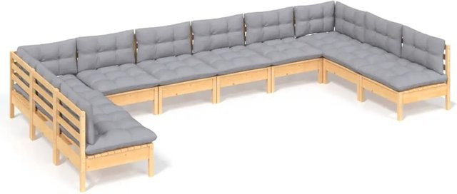 vidaXL 10-tlg. Garten-Lounge-Set aus massivem Kiefernholz in Braun-Grau mit grauen Polstern und Kissen in U-Form - Bild 1
