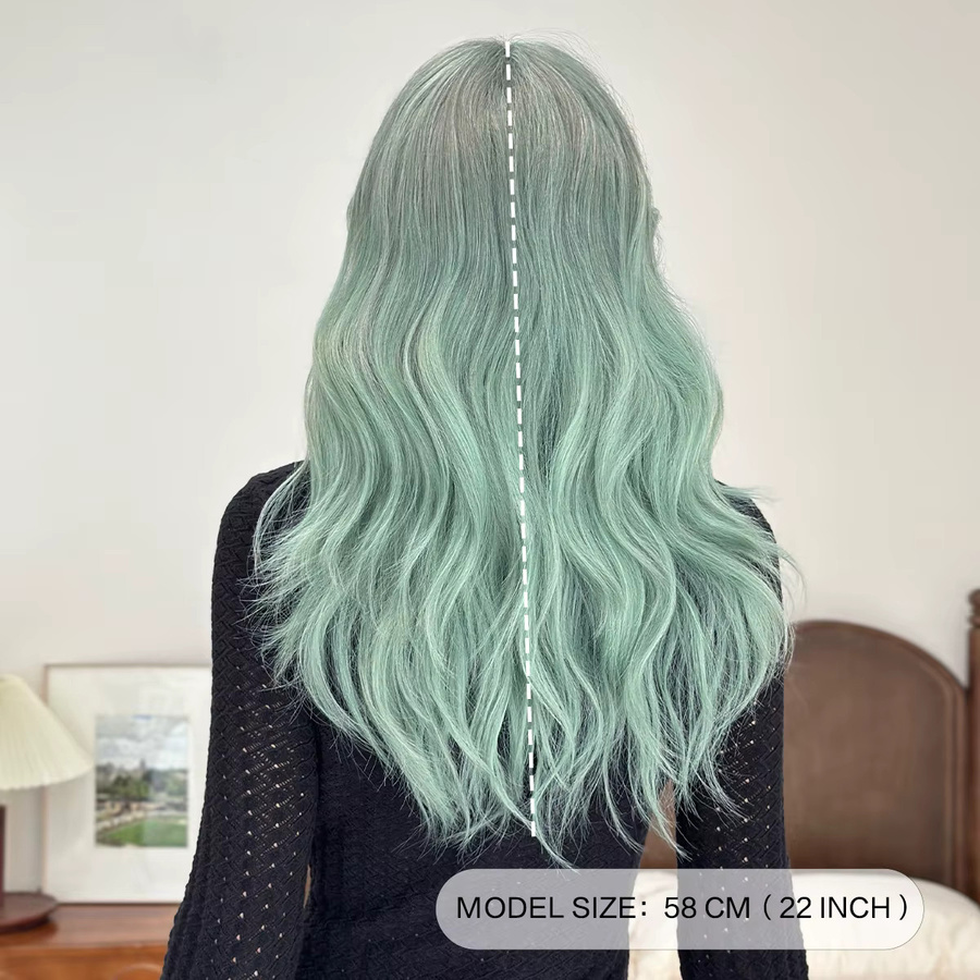 7JHH WIGS Wasserwellen-Perücke, Grün, Damen, Synthetik, Mittelscheitel, Pony - Bild 4