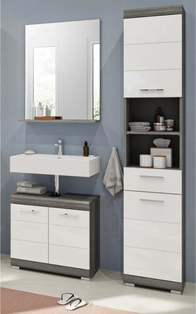 Inn.Furn Badmöbel-Set Shawn 3-teilig in Weiß Hochglanz und Grau, bestehend aus Spiegelschrank, Waschtischunterschrank und Hochschrank, Breite: 112 cm, Höhe: 191 cm, Tiefe: 34 cm - Bild 1
