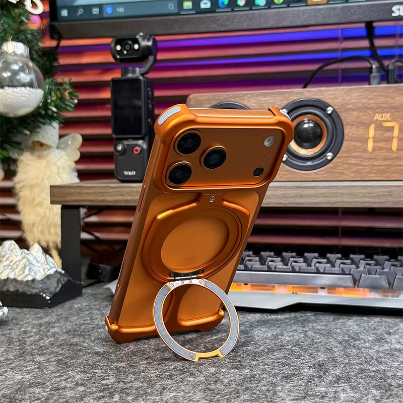 Magnetische Rahmenlose Aluminium Handyhülle mit drehbarer Halterung für iPhone 17 16 15 14 13 Pro Max in Orange - Bild 4