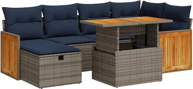 vidaXL 7-teilige Garten-Sofagarnitur in L-Form aus grauem Poly-Rattan mit Kissen und Akazienholz - Bild 1