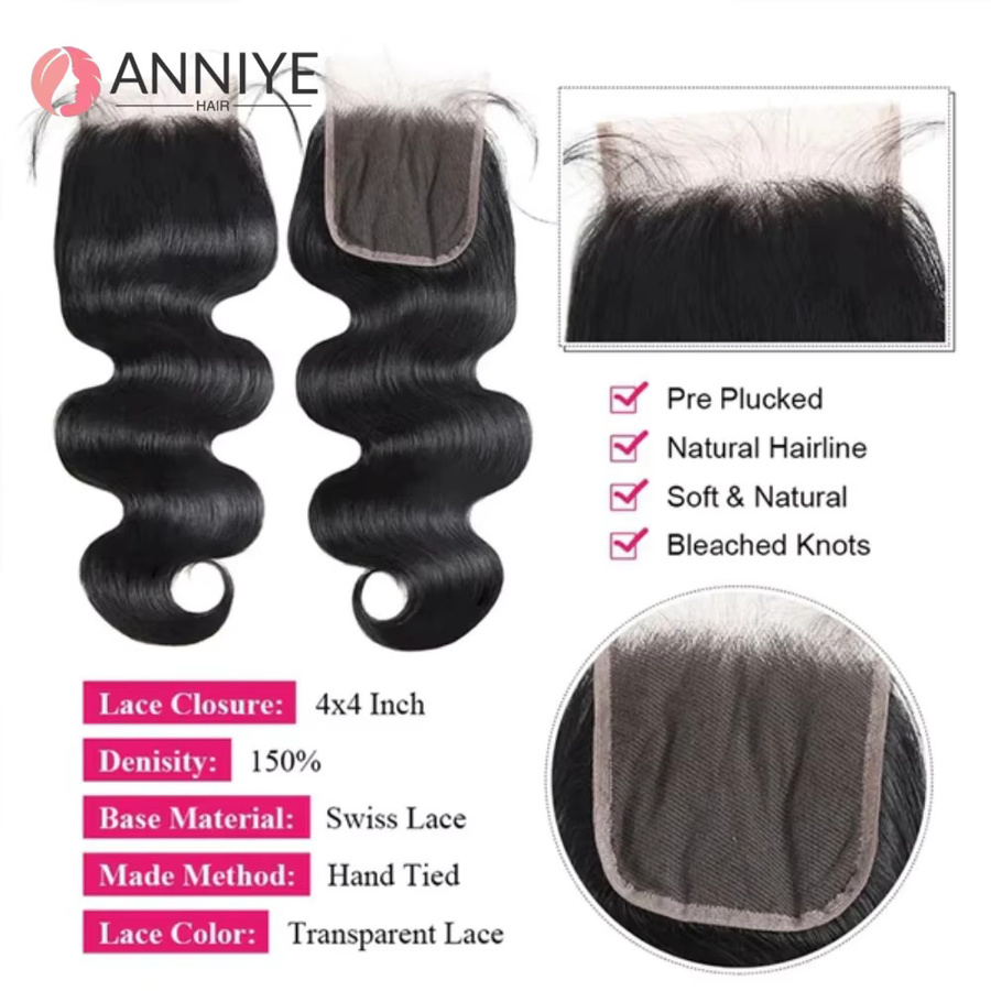 ANNIYE Body Wave Bundles Haarverlängerung, 3 Bundles mit 4x4 Lace Closure, Vietnamesisches Echthaar, Natürliche Farbe - Bild 4
