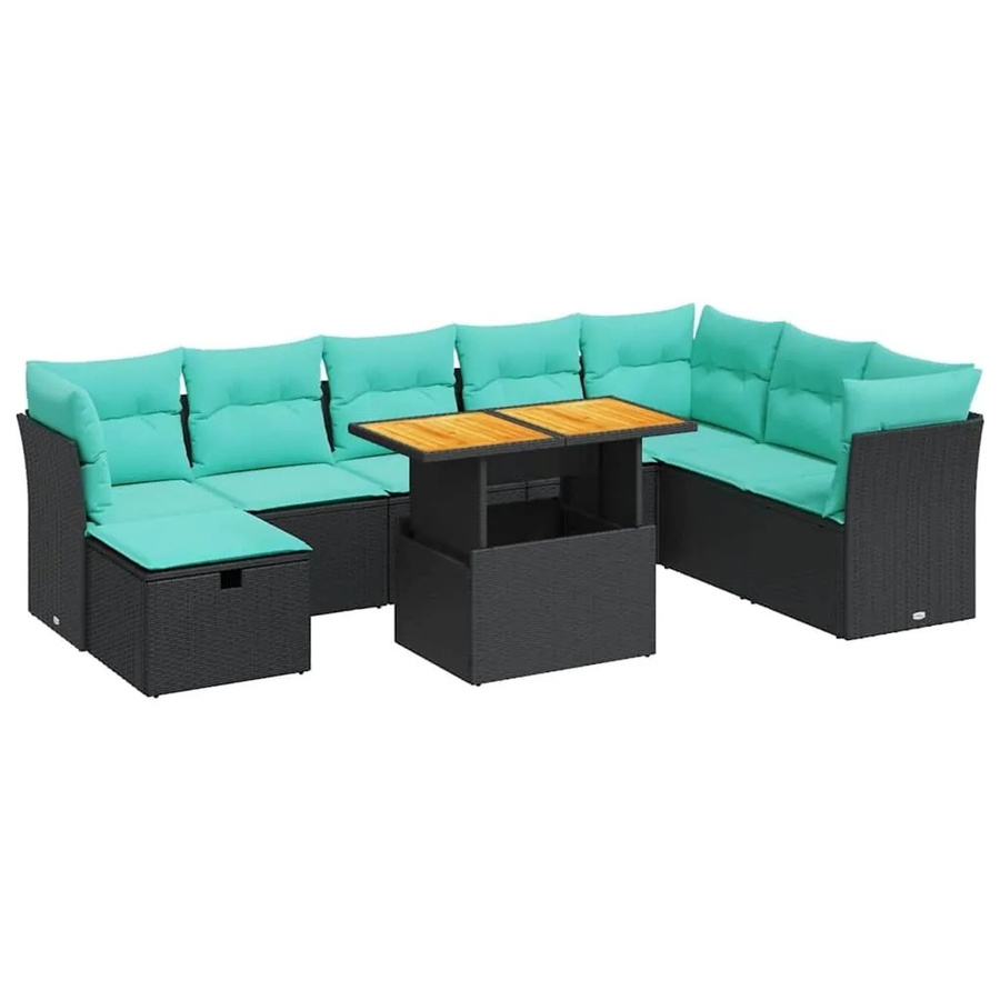 vidaXL 9-teilige Garten-Sofagarnitur in L-Form aus Polyrattan und Akazienholz mit grauen Kissen - Bild 2