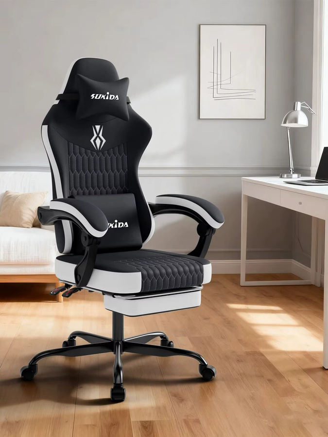 SUKIDA Gaming-Stuhl in Schwarz-Grau mit Fußstütze, ergonomischer Lendenwirbelstütze und Kopfstütze, verstellbarer Armlehnen und 360-Grad-Drehfunktion, sportlicher Bürostuhl aus Kunstleder für Home-Office und Gaming - Bild 3