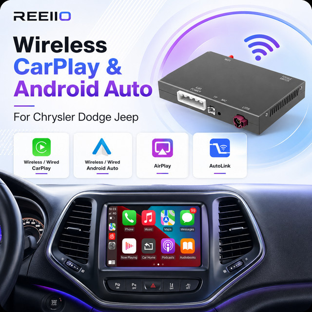 REEIIO Kabelloser CarPlay und Android Auto Decoder Box für Dodge Challenger, RAM, Chrysler 300C und Jeep Grand Cherokee 2013-2020, Schwarz, mit Airplay, Mirror Link und Bluetooth - Bild 1