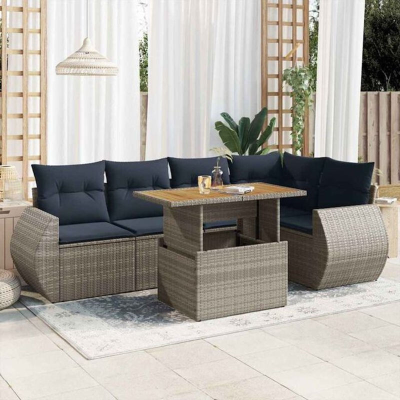 6-teilige moderne Garten-Sofagarnitur mit Kissen aus Poly-Rattan in Grau von vidaxl - Bild 1