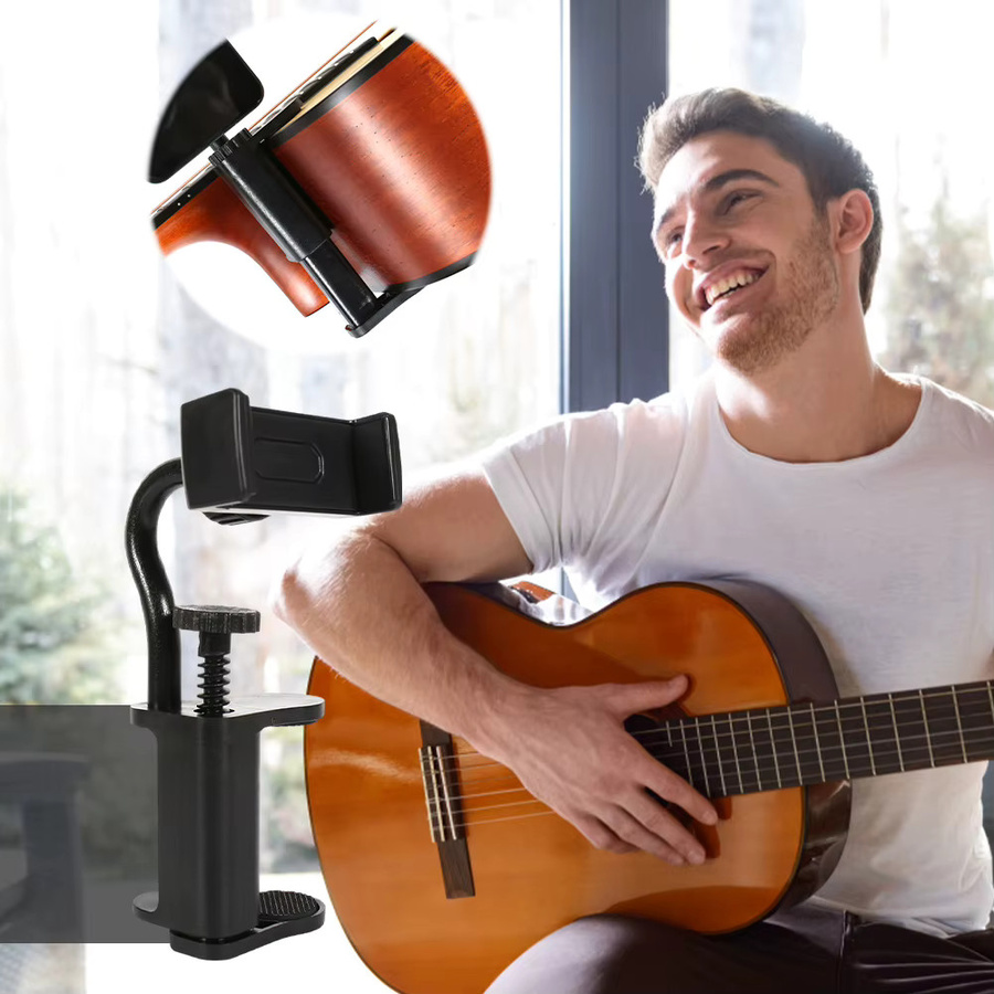 Verstellbare Mehrzweck-Gitarren-Halterung für Smartphone und Kamera in Schwarz für Video-Streaming und Freisprechanrufe - Bild 5