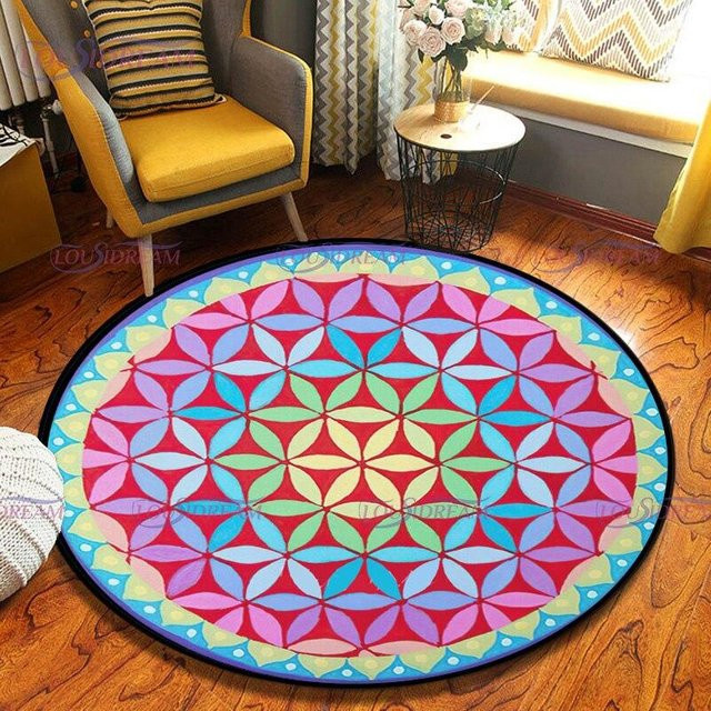Runder Teppich ChenYing01 mit Blume des Lebens und geometrischen Symbolen, Mehrfarbig, Durchmesser: 120 cm - Bild 1