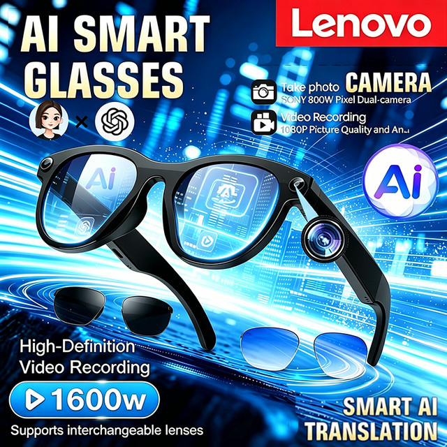 Lenovo HOT1600W KI-Smartbrille mit HD-Videoaufnahme, Echtzeit-Übersetzung und WLAN-Übertragung in Schwarz oder Weiß - Bild 1