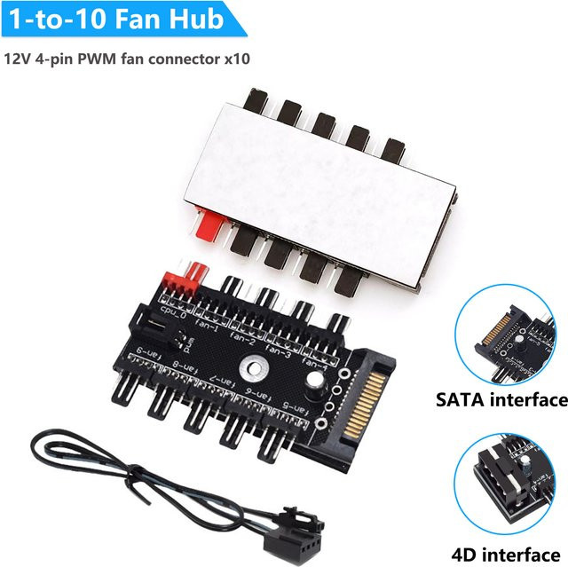 AuyiHomu 1-zu-10 PWM Lüfter-Hub 12V 4-Pin Splitter mit SATA-Stromanschluss für PC-Gehäuselüfter, Schwarz - Bild 1