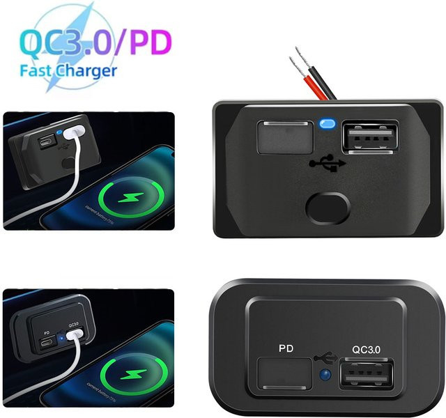 kebidumei Dual USB Auto Ladegerät mit USB-C 30W und Dual QC 3.0 20W Ports, 50W Schnellladegerät für 12V-24V Bus, RV und Lkw, Schwarz - Bild 1