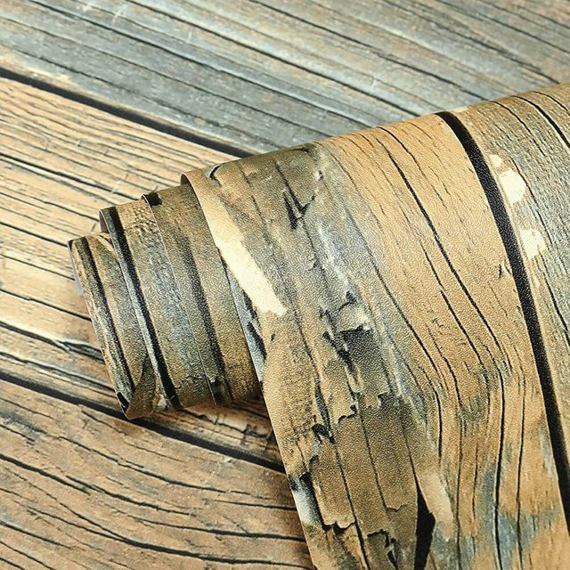 Selbstklebende Vinyl Tapete in Holzoptik von KALYNN, Distressed Holz Design in Braun zur Dekoration von Küchentheken und Regalen - Bild 1
