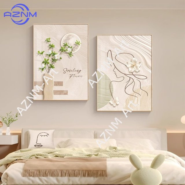 AZNM Leinwandmalerei Abstrakte Linien und Geometrische Blumen in Beige für Schlafzimmer und Wohnzimmer - Bild 1