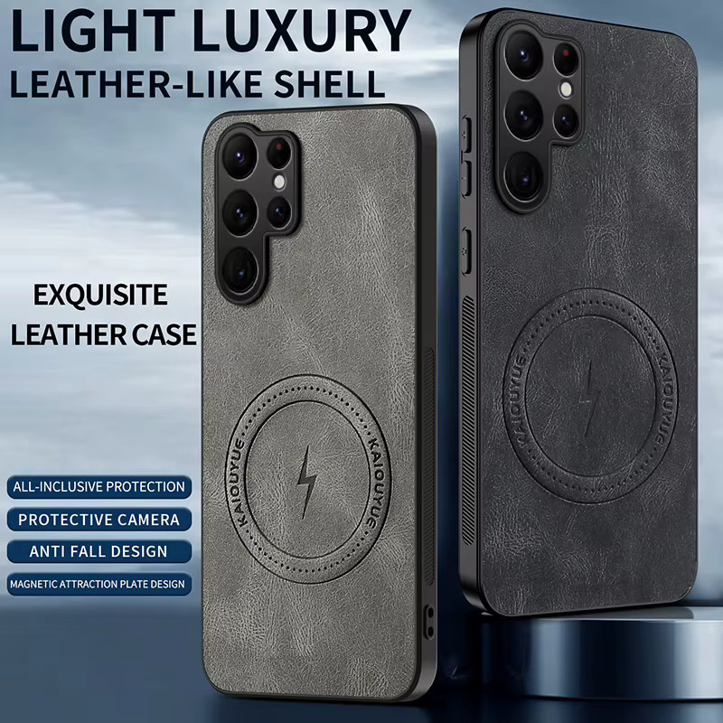 Luxus Leder Handyhülle mit MagSafe Magnet für Samsung Galaxy S26 S25 S24 S23 S22 S21 Ultra Plus FE in Blau und Grau - Bild 1