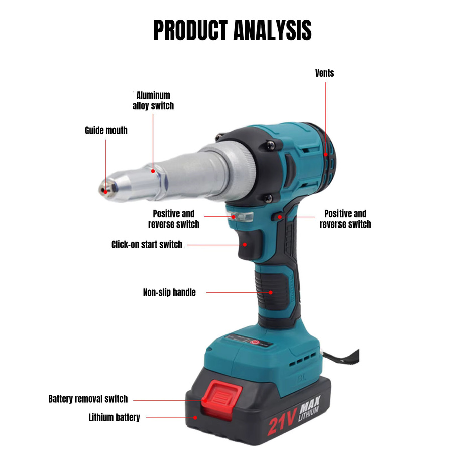 Bürstenlose elektrische Nietpistole für Makita 18V Akku mit 20000N Kraft für Nietmuttern 2,5/3,2/4,0mm - Bild 6
