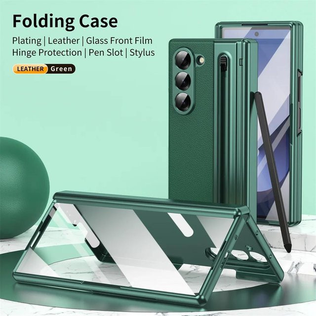Lederhülle mit Scharnierschutz und elektronischem Stifthalter für Samsung Galaxy Z Fold7 in Grün inklusive Glasfolie - Bild 1