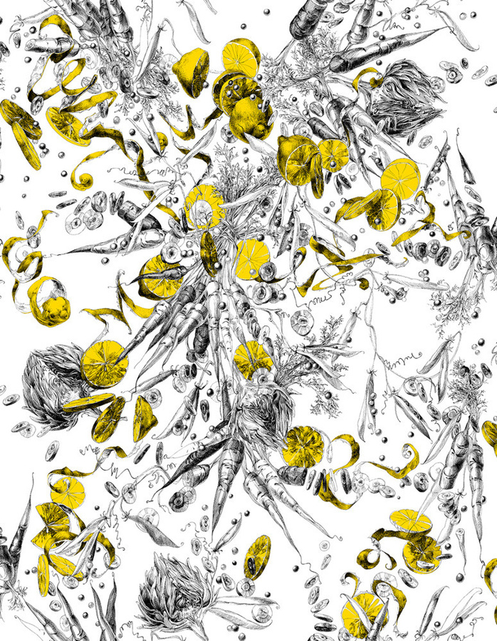 Edmond Petit Tapete Feu d'Artifice Légumes Citron in Gelb und Mehrfarbig mit botanischem Vintage-Floral-Design aus Vlies - Bild 1