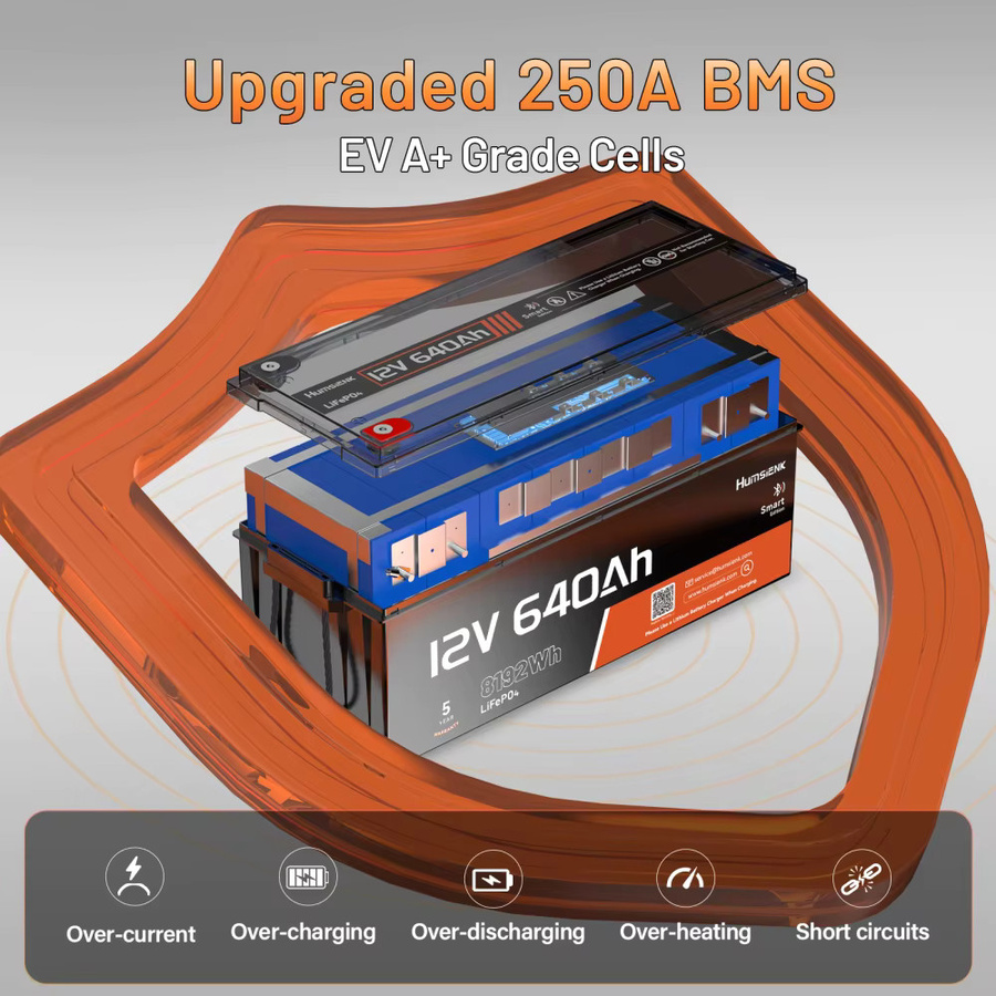 Humsienk 12V 600Ah LiFePO4 Lithium-Eisenphosphat-Batterie mit APP-Überwachung und 250A BMS in Schwarz - Bild 3