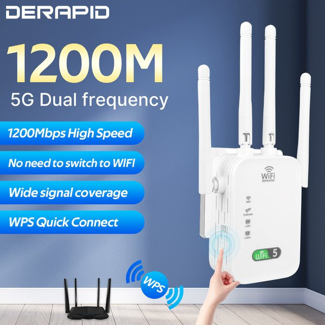 DERAPID WiFi Repeater 1200Mbps Dual Band 2,4GHz und 5GHz Drahtloser Verstärker in Weiß - Bild 1