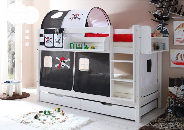 TiCAA Etagenbett Marcel aus Kiefernholz in Weiß mit Motiv für Kinder, B/T: 90 x 200 cm - Bild 1