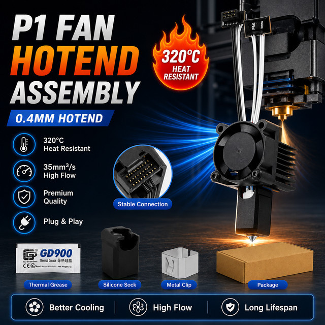 Bambu Lab Hotend-Baugruppe für P1P und P1S 3D-Drucker in Schwarz mit Kühlventilator, Heizung, Thermistor und gehärteter Stahldüse - Bild 1