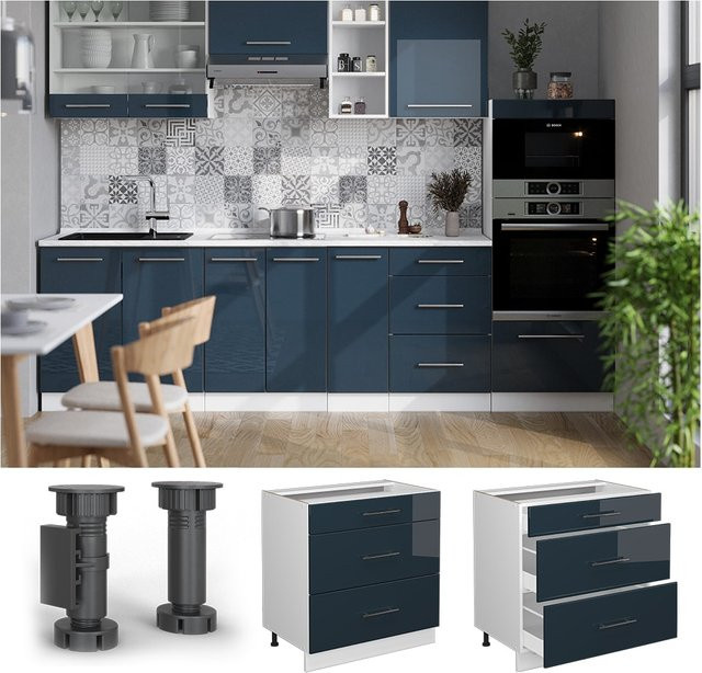 Vicco Küchenunterschrank Fame-Line mit 3 Schubladen, Weiß und Dunkelblau Hochglanz, Arbeitsplatte Eiche, Breite: 80 cm - Bild 1