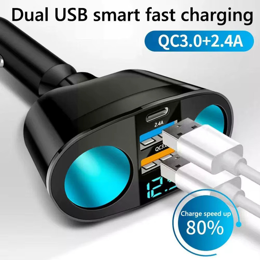 Auto Zigarettenanzünder Ladegerät mit USB-C und USB-A Ports, 12V-24V Splitter mit PD QC3.0 Schnellladefunktion und blauem Atmosphärelicht, Blau/Schwarz - Bild 4