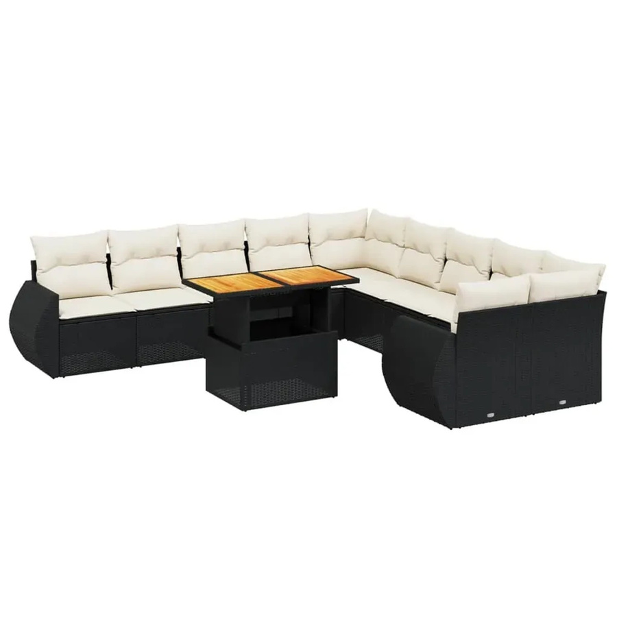 vidaXL 11-teilige Garten-Sofagarnitur in L-Form aus Polyrattan und Akazienholz mit Kissen in Schwarz-Creme - Bild 2