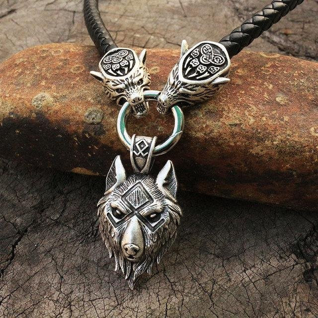 Wucifang Jewelry Halskette Herren, Wikinger-Wolfskopf, Thorshammer Mjölnir, Silber, 60cm - Bild 1