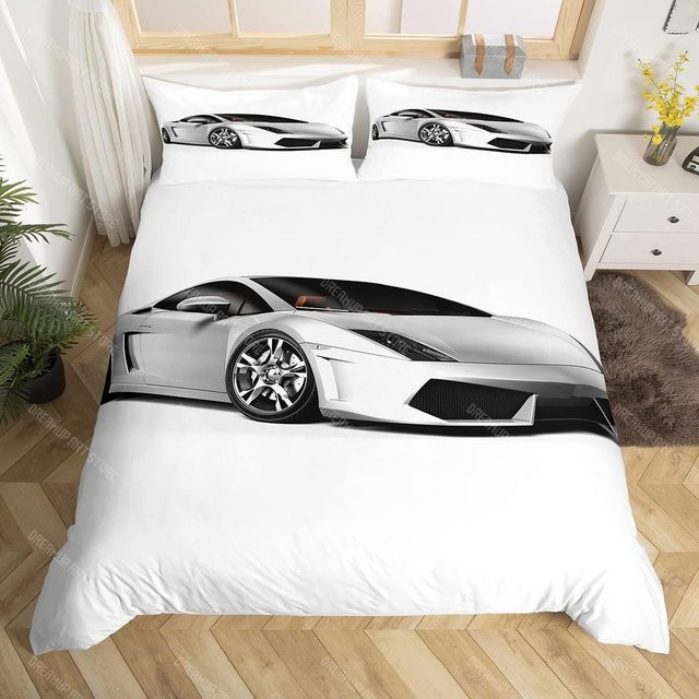 Binchi Fitness Sportwagen Bettwäscheset für Jungen und Teenager, Rennwagen Bettbezug mit Kissenbezug aus Mikrofaser, Farbe: Weiß, B/T/H: 90 x 200 cm - Bild 1